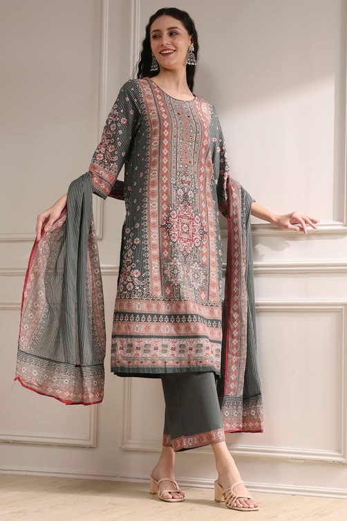 Grey Cotton Printed Straight Suit Set